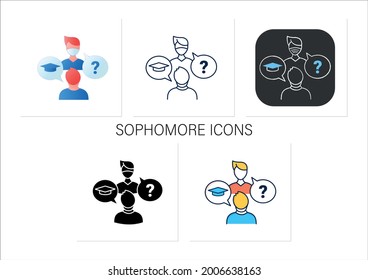 Sophomore icons set. Second-year student. Discussion between two people. Professional development. Graduation concept.Collection of icons in linear, filled, color styles.Isolated vector illustrations 