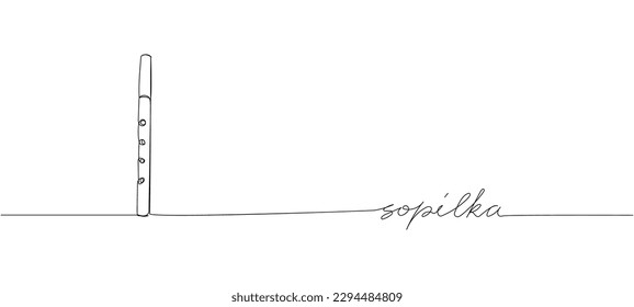 Sopilka one line art. Continuous line drawing of music, wind, instrument, surma, culture, ukrainian, ethnic, lute, traditional, musical, national, folk with an inscription, lettering, handwritten.