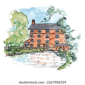 Sopley Mill, Dorset, Victorian converted building, red brick, watercolor sketch illustration. Riverside. Isolated vector.