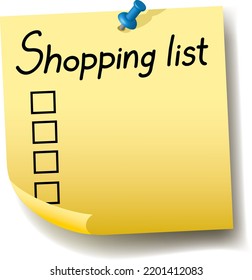 sopping list, yellow sticker paper, vector illustration 