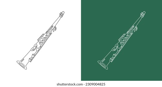 Soprano saxophone line drawing cartoon style. Brass instrument soprano saxophone clipart drawing in linear style isolated on white and chalkboard background. Musical wind instrument clipart concept