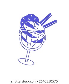 Sorbet ball with tasty flavor in glass. Icon of ice cream in cup. Sweet icecream, decorated gelato, sundae. Frozen milk dessert, cold summer food. Flat isolated outline vector illustration on white