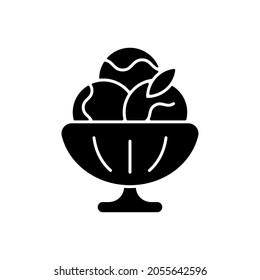 Sorbet black glyph icon. Sherbet ice cream. Fruit-forward frozen treat. Made from fruit, ice. Sweetened water and frozen fruit mixture. Silhouette symbol on white space. Vector isolated illustration