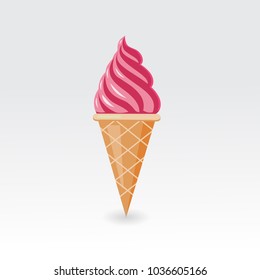 Sorbet Fruit Dessert, Ice Cream Waffle Cone. Soft Pink icecream isolated on white background. Vector illustration.