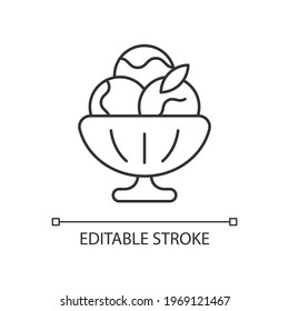 Sorbet linear icon. Sherbet ice cream. Fruit-forward frozen treat. Made from fruit, ice. Thin line customizable illustration. Contour symbol. Vector isolated outline drawing. Editable stroke
