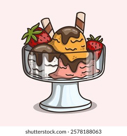 Sorbetes ice cream in a clear bowl with chocolate sauce, strawberries and wafer rolls on top