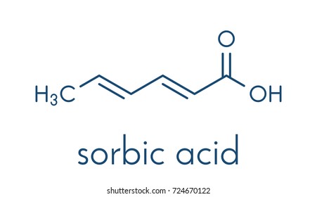 Sorbic acid food preservative molecule. Sorbate (sodium, potassium, calcium) also used for same purpose. Skeletal formula.