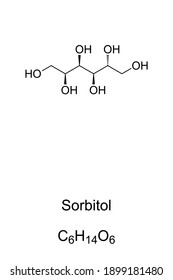 Sorbitol, chemische Formel und Skelettstruktur. Auch Glucitol genannt. Zuckeralkohol, der als Süßungsmittel, Zuckerersatz, Lebensmittelzusatzstoff in der Medizin und im Gesundheitswesen verwendet wird. Illustration auf Weiß. Vektorgrafik