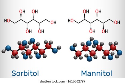 Sorbitol and mannitol molecule, are isomers, are two types of sugar alcohols used as sweeteners. Structural chemical formula and molecule model. Vector illustration