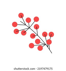 Sorbus branch with mature ash berries. Decorative botanical element isolated on white. Rowan-berry twig with red fruits. Simple single sorb tree part silhouette. Hand drawn flat vector illustration