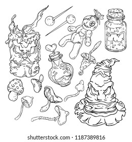 Sorcerer Attributes Halloween set. Hand drawn and traced. Use it as is or change white to any color you please