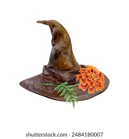 Sorcerer hat watercolor. Marigold flower. Vector illustration. Halloween, Day of the Dead greeting cards, invitations, large banners, posters, flyers.