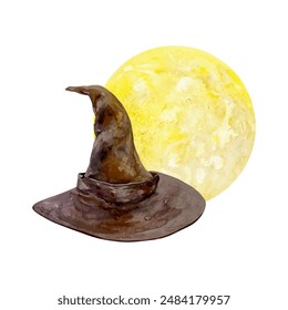 Sorcerer hat watercolor. Yellow moon. Vector illustration. For Halloween, Day of the Dead greeting cards, invitations, large banners, posters, flyers.