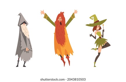 Sorcerer in Pointed Hat Practicing Wizardry and Witchcraft with Magic Wand Vector Set