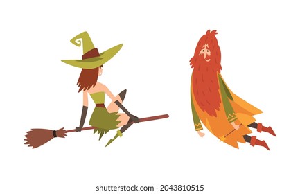 Sorcerer in Pointed Hat Practicing Wizardry and Witchcraft Flying on Broomstick and with Magic Wand Vector Set