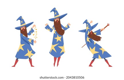 Sorcerer in Pointed Hat and Starry Gown Practicing Wizardry and Witchcraft with Magic Wand Vector Set