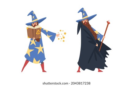 Sorcerer in Pointed Hat and Starry Gown Practicing Wizardry and Witchcraft with Magic Stick and Spellbook Vector Set