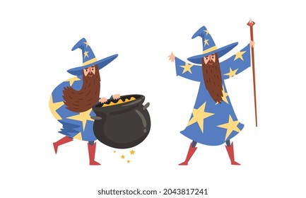 Sorcerer in Pointed Hat and Starry Gown Practicing Wizardry and Witchcraft with Magic Stick and Cauldron Vector Set