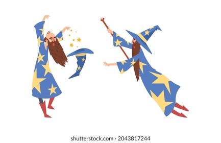 Sorcerer in Pointed Hat and Starry Gown Practicing Wizardry and Witchcraft with Magic Wand Vector Set