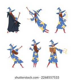 Sorcerer in Pointed Hat and Starry Gown Practicing Wizardry and Witchcraft with Magic Wand Vector Set