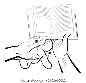 sorcerer is reading a spellbook over a voodoo doll. Items and ceremonies of magic. Prediction of the future, astrology. Isolated vector on white background
