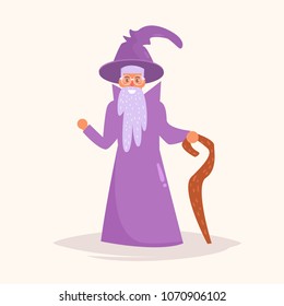 Sorcerer with a staff Vector. Cartoon. Isolated art on white background. Flat