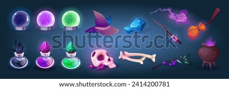 Sorcerer or witch magic stuff game cartoon icons. Vector illustration set of fantastic cauldron with mystery glowing potion, wizard hat and wooden wand, fantasy fortune ball and glass bulb with elixir