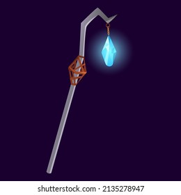 A sorcerer's magic staff with a glow effect. The magician's scepter is isolated on a dark background. Cartoon metal wizard staff. Vector enchanter equipment for games.