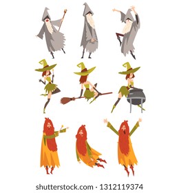 Sorcerers Practicing Wizardry Set, Wizards and Withes Characters in Different Poses Vector Illustratio