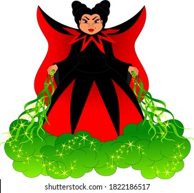 sorceress in black and red dress with a mantle