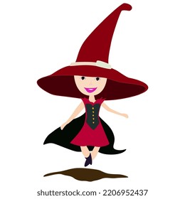 Sorceress in dress and cloak with big witches hat isolated on white background. Cartoon flat style. Vector design element.