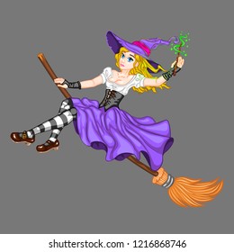 Sorceress flying on a broomstick. Pretty witch creates enchantment with the magic wand. Cute girl on a grey background. A wonderful character for fantasy and Halloween. Vector illustration. EPS 8. 