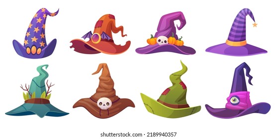 Sorceress hats. Halloween wizard hat, magic cap evil mage sorcerer hallowen holiday costume, fantasy witch old caps game magician masquerade, ingenious vector illustration of hat costume illustration