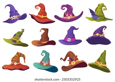 Sorceress hats mega set elements in flat graphic design. Bundle objects of different Halloween witch hats with pointy cones and ribbons with spooky decoration, masquerade costume. Vector illustration.