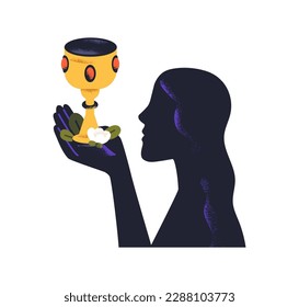 Sorceress holding holy goblet with secret drink, magic potion. Woman witch with esoteric elixir, wine in golden medieval cup, chalice in hand. Flat vector illustration isolated on white background