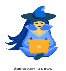 The sorceress sits in the lotus position and looks at the laptop. The witch makes an online search and buys the goods. The enchantress orders a purchase. Vector modern illustration. Concept halloween.