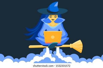 A sorceress sits in a lotus position on a broomstick and looks at a laptop. The witch rockets and levitates above the earth. Sorceress is surrounded by smoke. Vector illustration in dark background.