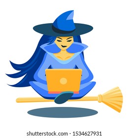 A sorceress sits in a lotus position on a broomstick and looks at a laptop. The witch levitates above the earth. Isolated on a white background. Vector modern flat illustration.