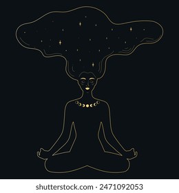 Sorceress sitting in lotus pose. Abstract meditating woman in golden color. Celestial magical art. Vector illustration