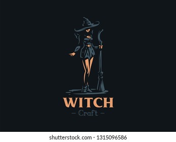 Sorceress woman witch with a magic broom in hand and wearing a hat, conjures. Vector illustration.