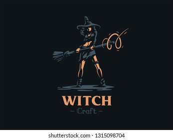 Sorceress woman witch with a magic broom in hand and wearing a hat, conjures. Vector illustration.