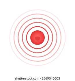 Sore, ache or inflammation symbol. Pulse, vibration or expansion sign. Shockwave, radar signal, sonar or sound wave pictogram. Pain localization icon. Red concentric circles. Vector illustration.