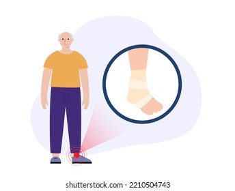 Sore, cut or ulcer on human leg. Elastic bandage, wrap medical gauze over foot. First help for old age man with injured ankle in a clinic or hospital. Patient with trauma flat vector illustration