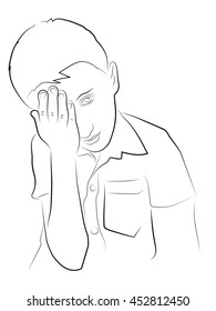 sore eyes, boy holding forehead with his hand. Pencil black and white drawing.