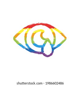 Sore eyes, painful redness, tears from pain, medicine icon. Drawing sign with LGBT style, seven colors of rainbow (red, orange, yellow, green, blue, indigo, violet