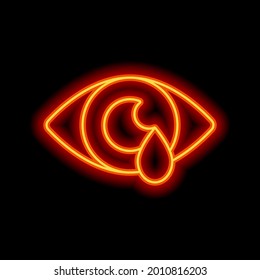 Sore eyes, painful redness, tears from pain, medicine icon. Orange neon style on black background. Light linear icon with editable stroke