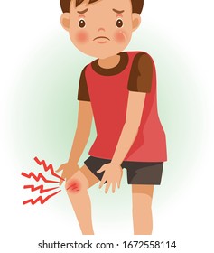 Sore Knee Or Pain. The Boy Is Sick, Sick Person And Feeling Bad. Cartoons Showing Negative Gestures And Feelings. The Child Is A Patient. Cartoon Vector Illustration.