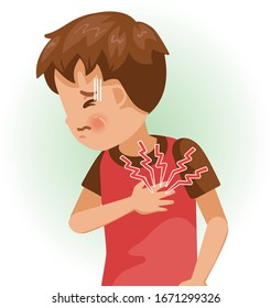 Sore left chest or pain. The boy is sick, Sick person and feeling bad. Cartoons showing negative gestures and feelings. The child is a patient. Cartoon vector illustration.