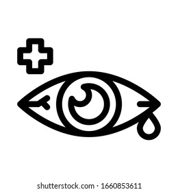 Sore Sick Tear Eye Organ Icon Thin Line Vector. Viral Bacterial Infection Eye And Medical Cross Concept Linear Pictogram. Black And White Outline Sign Isolated Contour Symbol Illustration