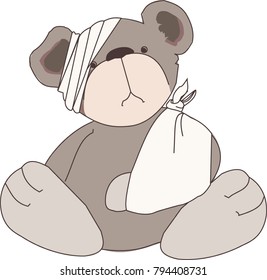 Sore teddy bear for child health care, with bandages and sling, vector illustration.